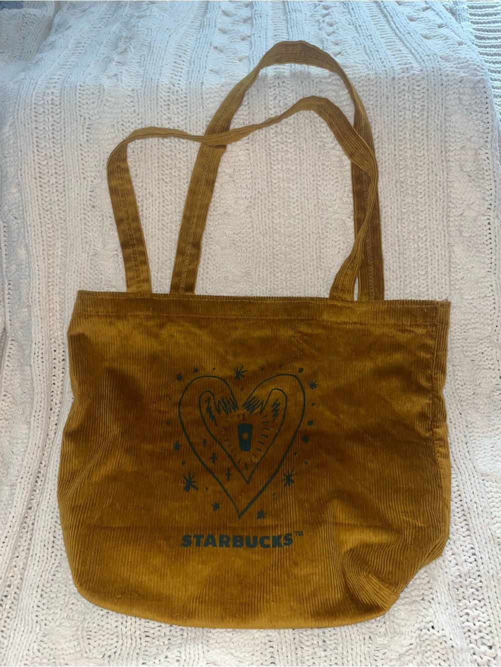Starbucks Mustard Corduroy Tote with Heart Graphic